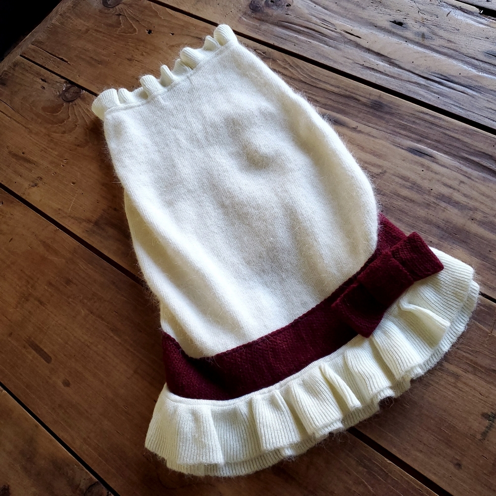 Frou Frou Holiday Dog Outfit Cream and Red Sweater with Ruffle trim